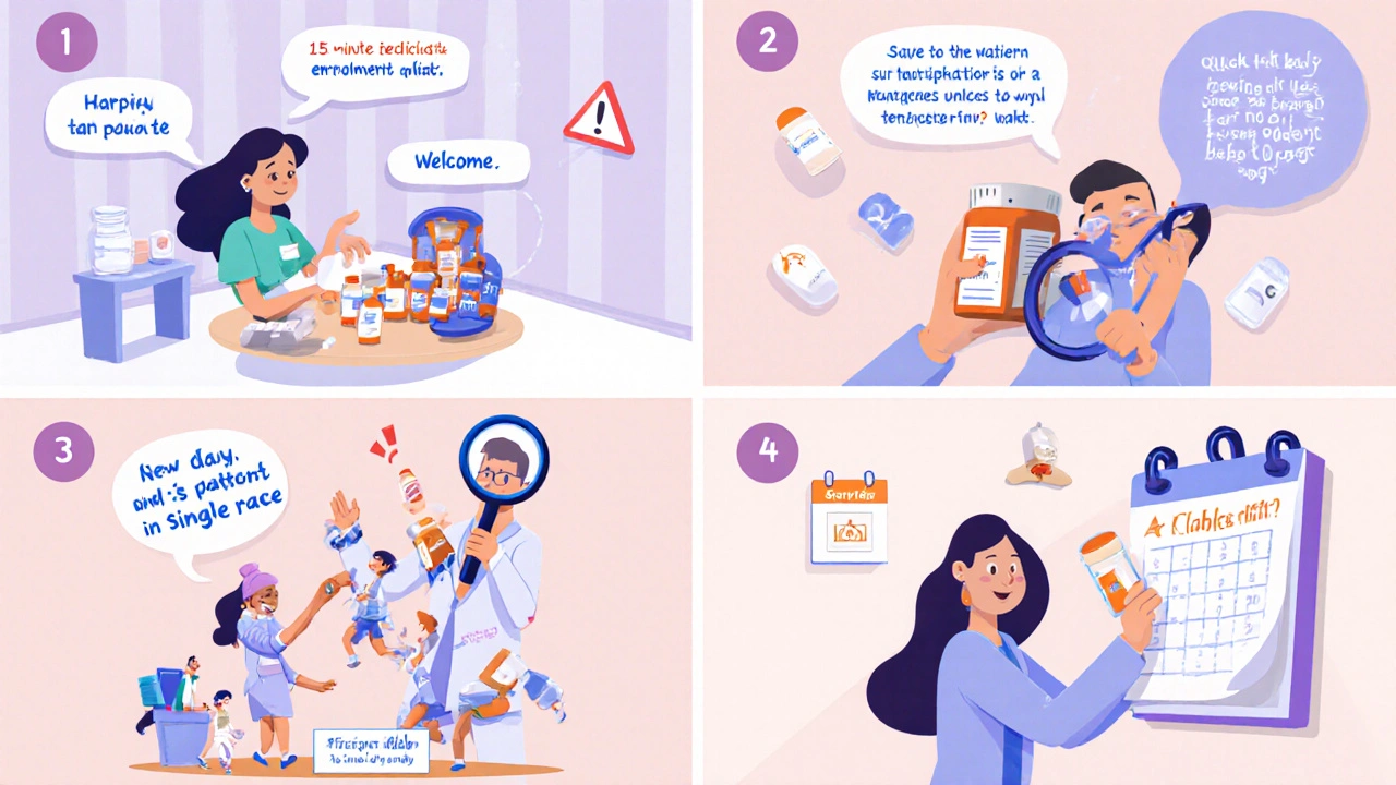 Montage showing enrollment, review, short‑fills, and monthly pick‑up in a cartoon style.