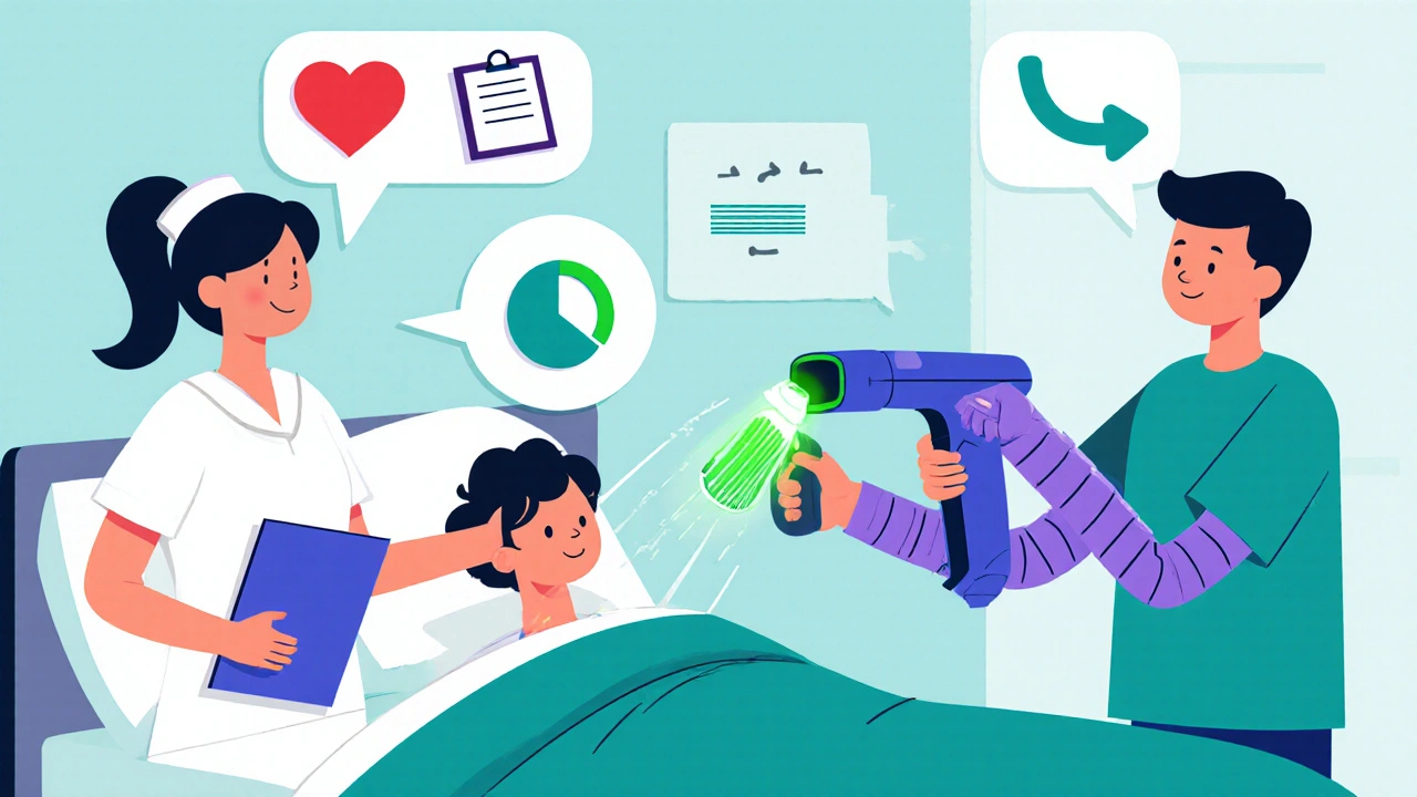 Nurse and pharmacist using SBAR hand‑off while a barcode scanner glows nearby.