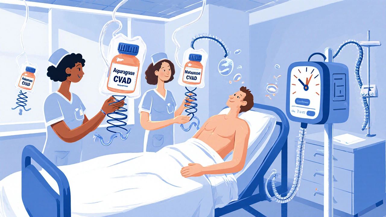 Nurses prepare and administer induction chemotherapy drugs in a lively hospital scene.