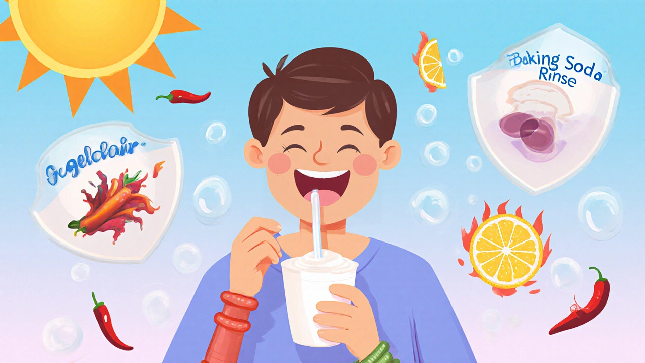 Patient eating yogurt safely, protected by healing shields while spicy foods bounce off.