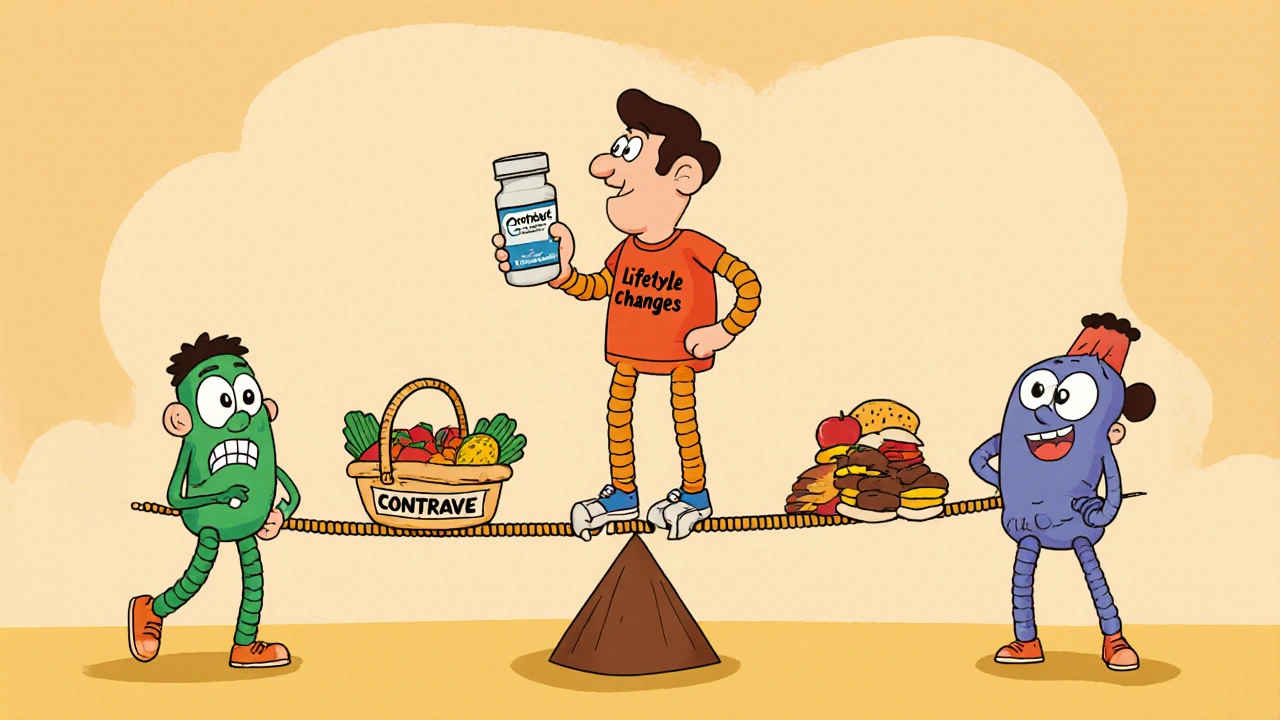 Person balancing healthy and junk food on a tightrope while Contrave and other meds watch in cartoon style.