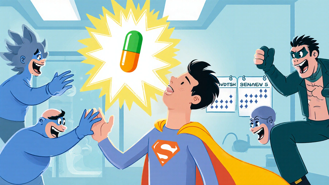 Person with probiotic capsule as superhero cape, friendly bacteria chasing away yeast villains.