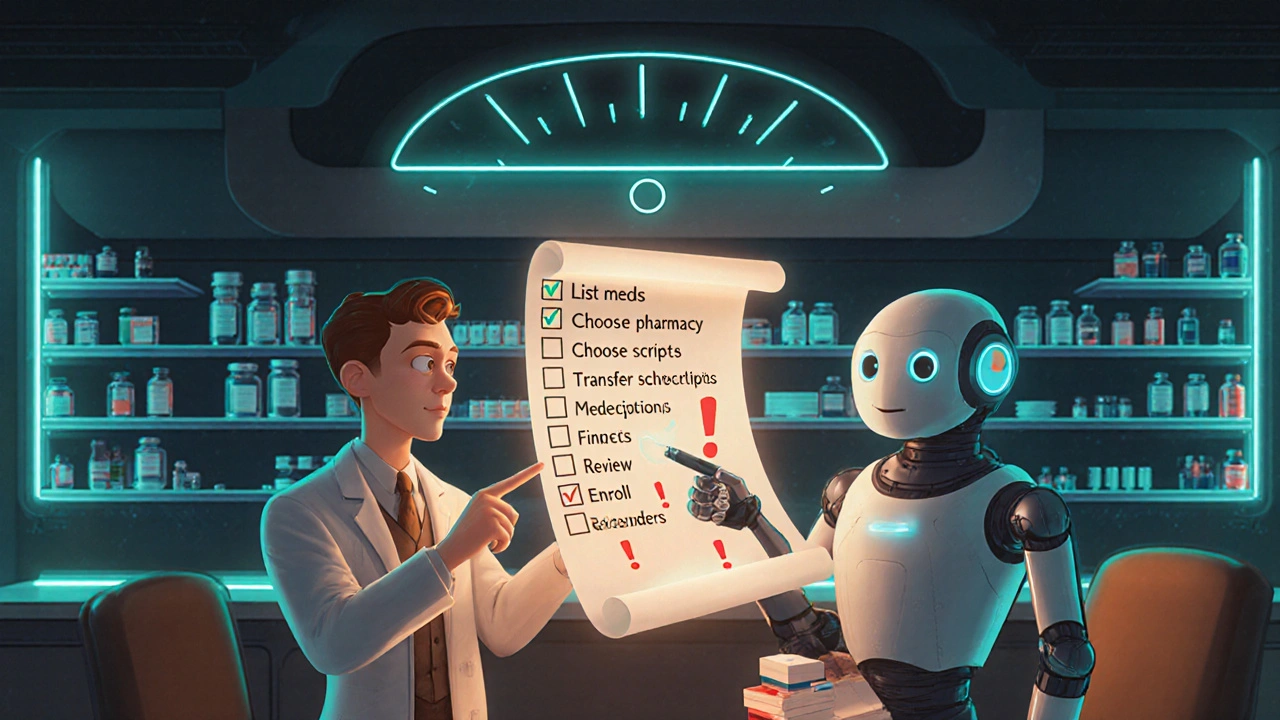 Pharmacist and AI robot check a floating medication safety checklist in a futuristic pharmacy.