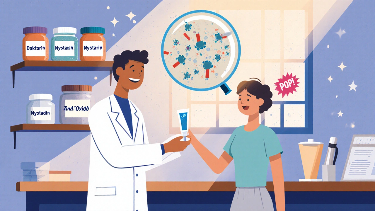 Pharmacist giving miconazole cream while microscopic fungi get smashed by tiny hammers.