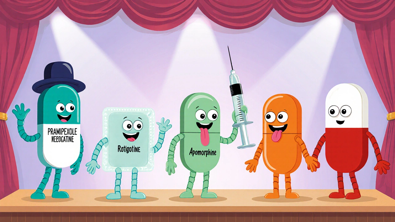 Playful cartoon medication characters: pill, patch, syringe, and pill duo on stage.