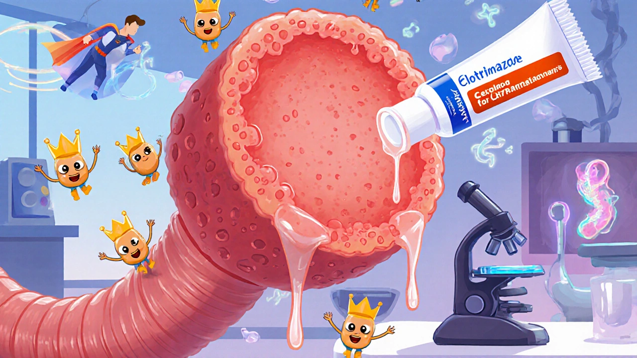 Red, oozing skin rash with cartoon yeast cells, while a doctor examines fungi under a microscope.