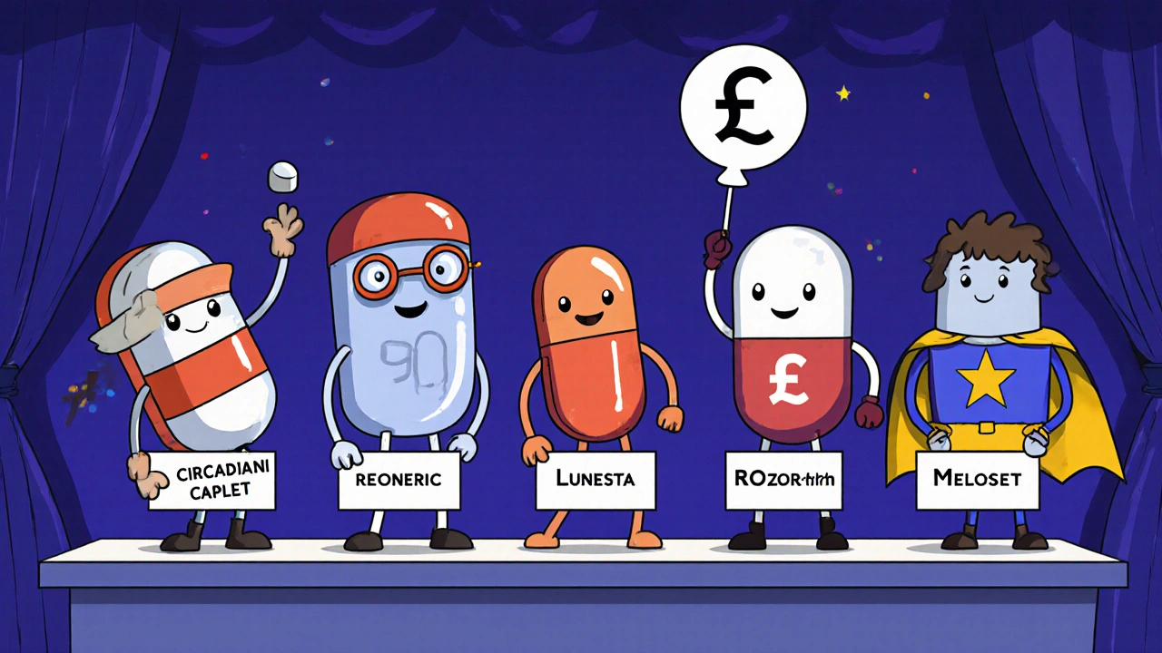 Rubber‑hose style cartoon lineup of melatonin products with price tags.