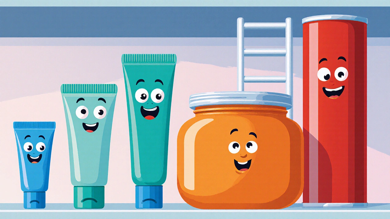 Shelf of cartoon steroid tubes, each with distinct colors showing potency levels.