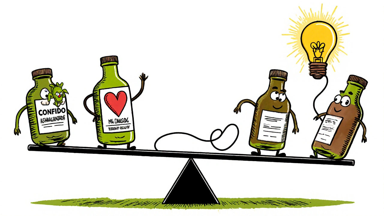 Six animated herb bottles dancing on a seesaw, with Confido balanced as others react expressively.