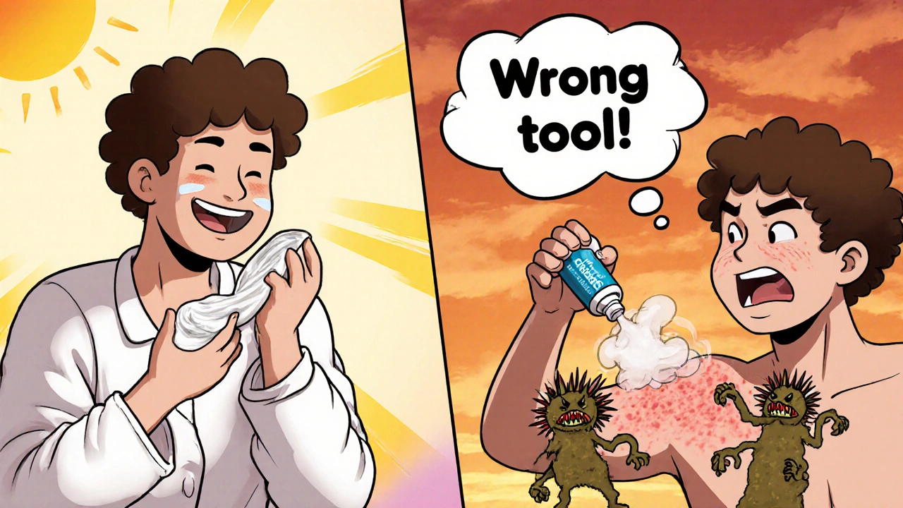 Split scene: calm person moisturizing skin vs. person with worsening rash and fungal monsters.