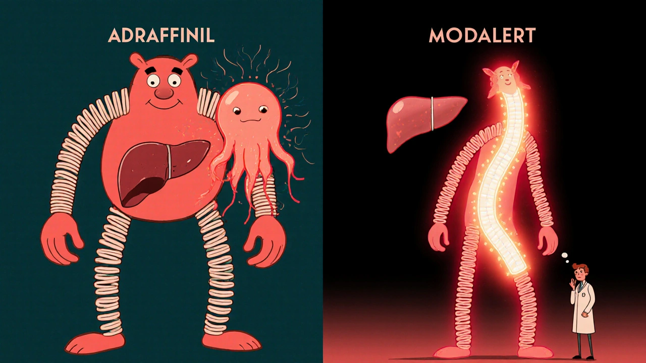 Split-screen comparison of Adrafinil stressing a wobbly liver versus Modalert lighting up a clean neural path.