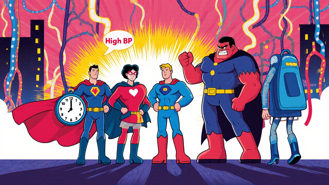 Superhero blood pressure meds teaming up against a High BP villain in an artery cityscape, dynamic action scene.