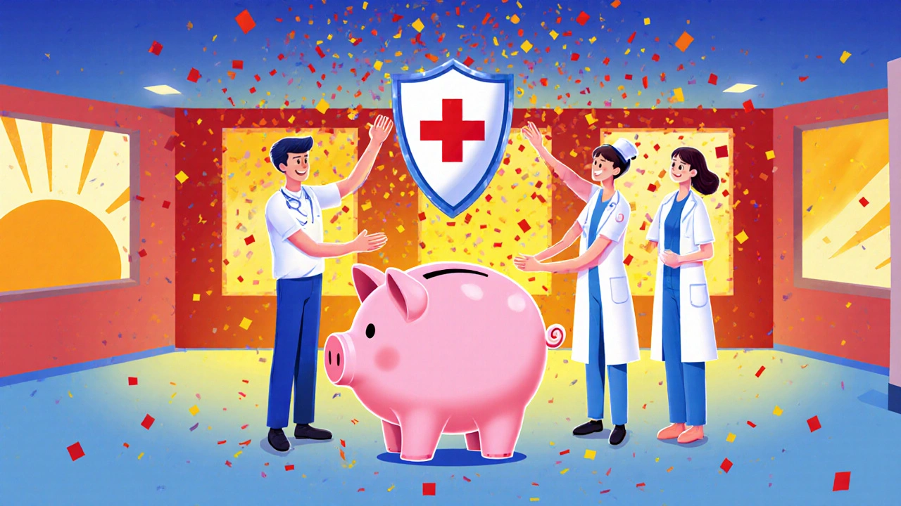 Team celebrating with a pill‑shaped piggy bank and safety shield in a hospital lobby.