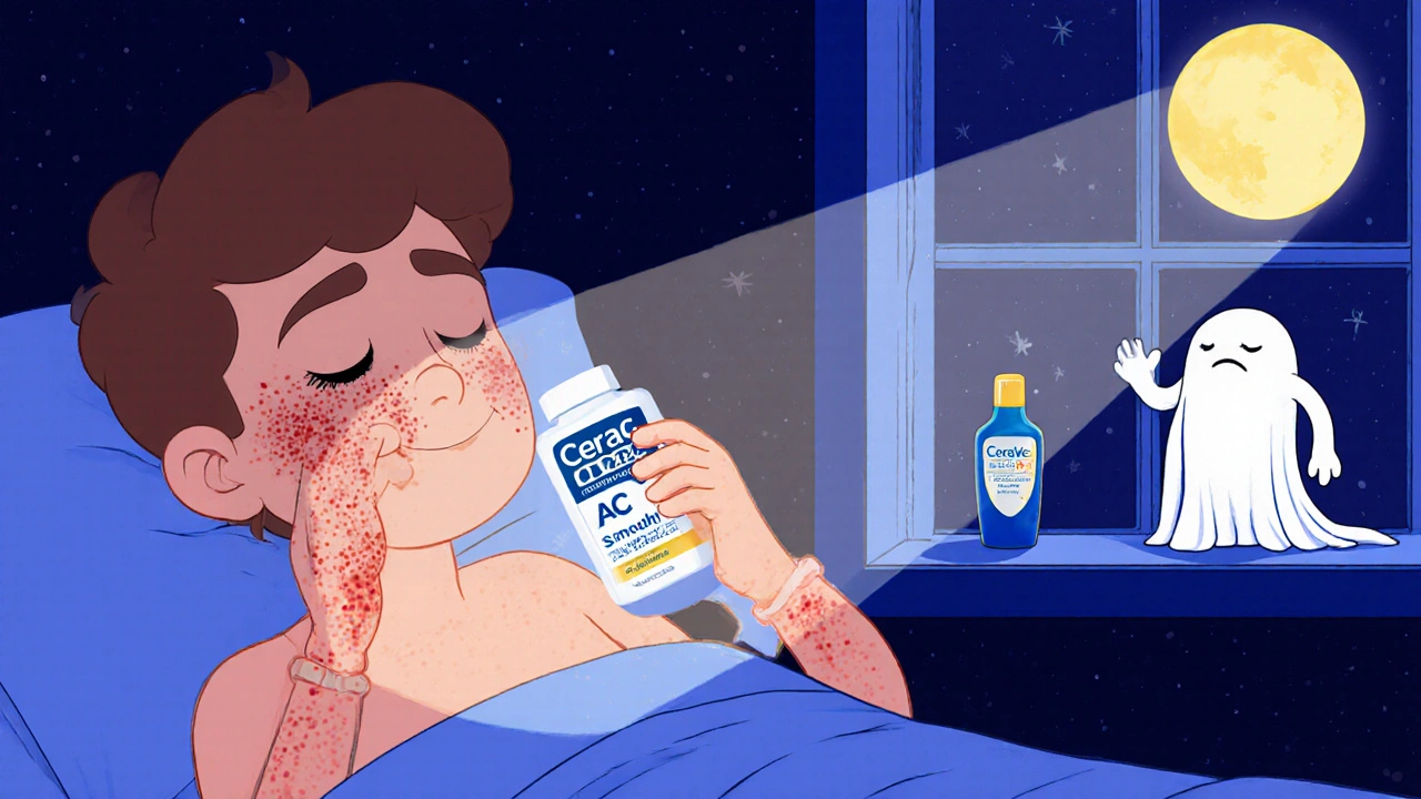 Teen applying acne gel at night as skin glows under moonlight, bleaching pillowcase in background