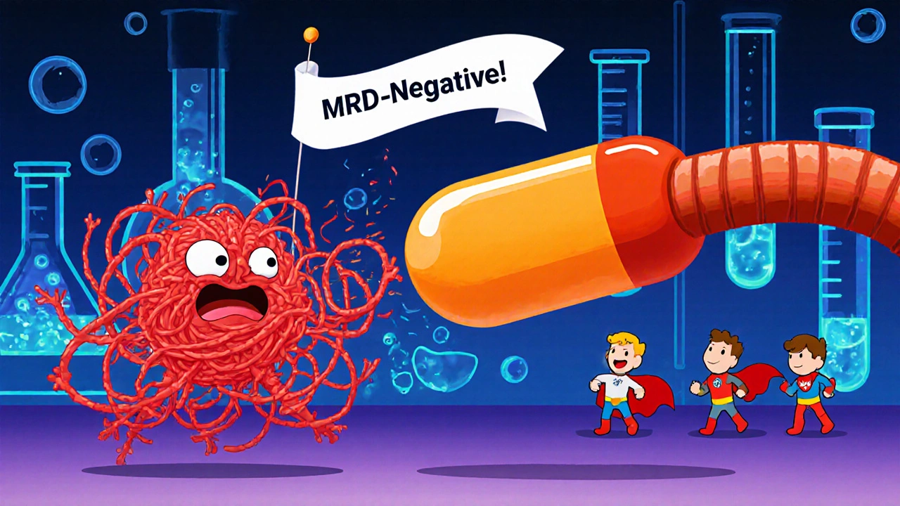 TKI pill and CAR‑T superheroes battle leukemia cells, showing MRD‑negative victory.