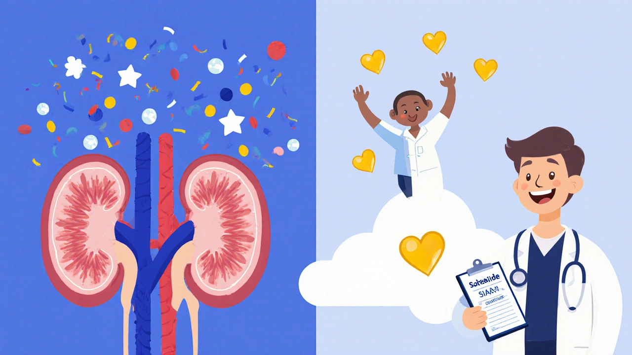 Two cartoon kidneys comparing diuretics: one loses potassium, the other keeps it, with an oncologist smiling.