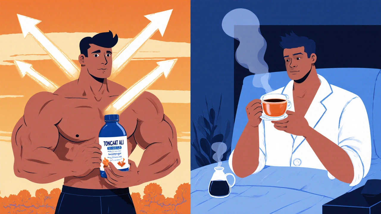 Two cartoon men—one muscular with rising arrows, one calm with stress smoke—side by side in sunset and blue tones.
