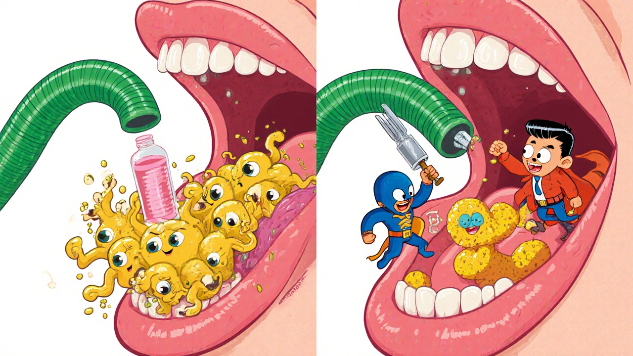 Two characters: one swallowing nystatin wrong (yeast multiplying), one swishing right (antifungal heroes fighting yeast).