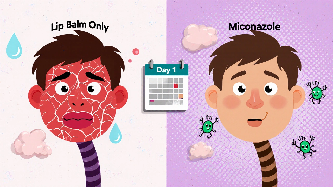 Two faces showing healing progress: one with fungal cracks, one smooth after miconazole.