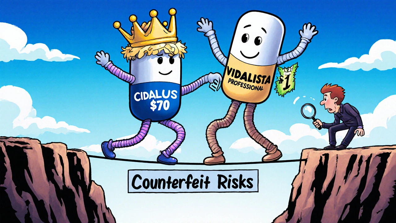 Two tadalafil pills dance on a tightrope — one fancy and expensive, the other simple and cheap — above a canyon labeled &#039;Counterfeit Risks.&#039;