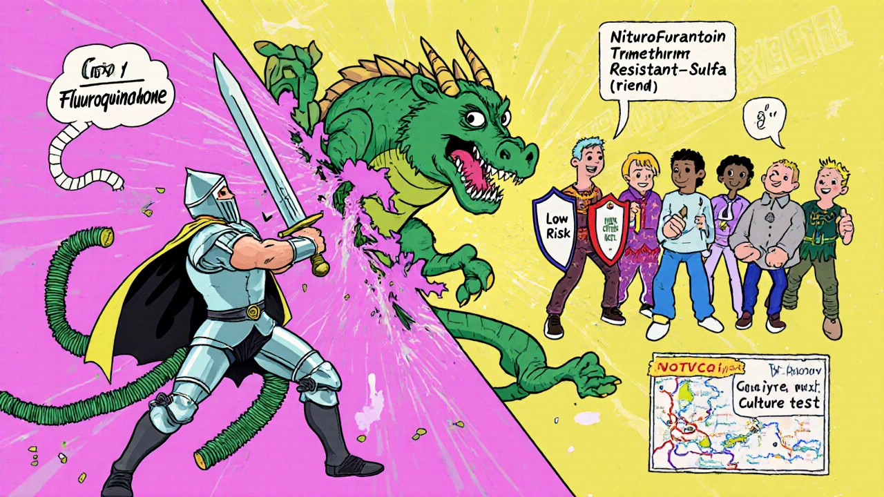 A battle scene showing Cipro as a risky knight versus safer antibiotics working together to defeat infection.