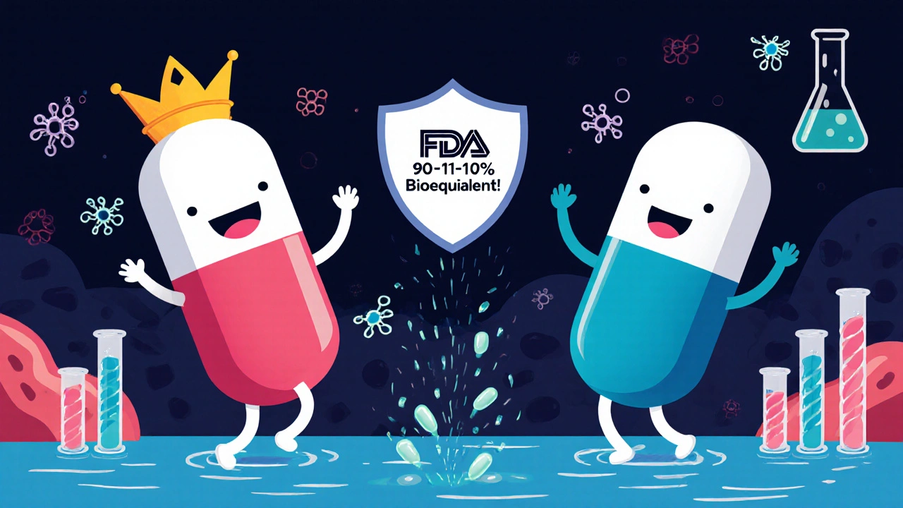 A brand-name pill and generic pill do identical dances, releasing the same molecules into a bloodstream.