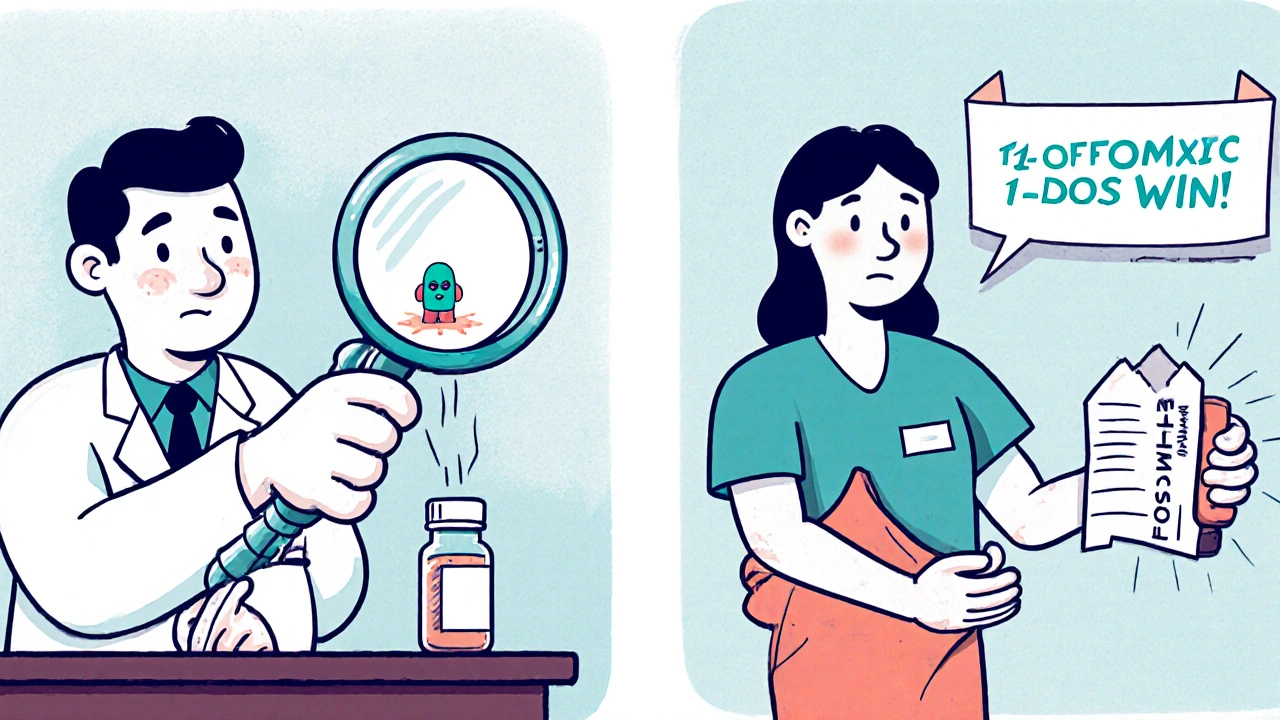 A doctor and patient choosing between Cipro and safer antibiotics for a urinary infection.