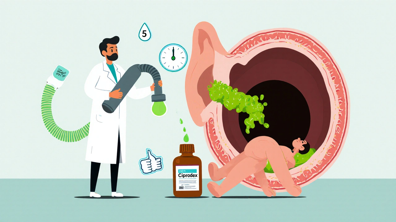 A doctor using a giant suction tool to clean an ear canal while drops flow in, patient lying sideways.