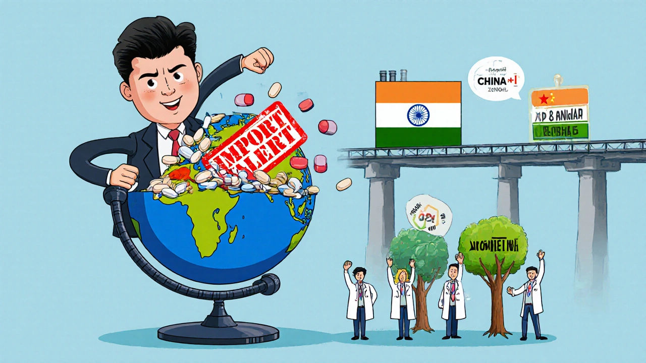 A globe split between a collapsing Chinese supply chain and a growing Indian one, symbolizing the China+1 strategy.