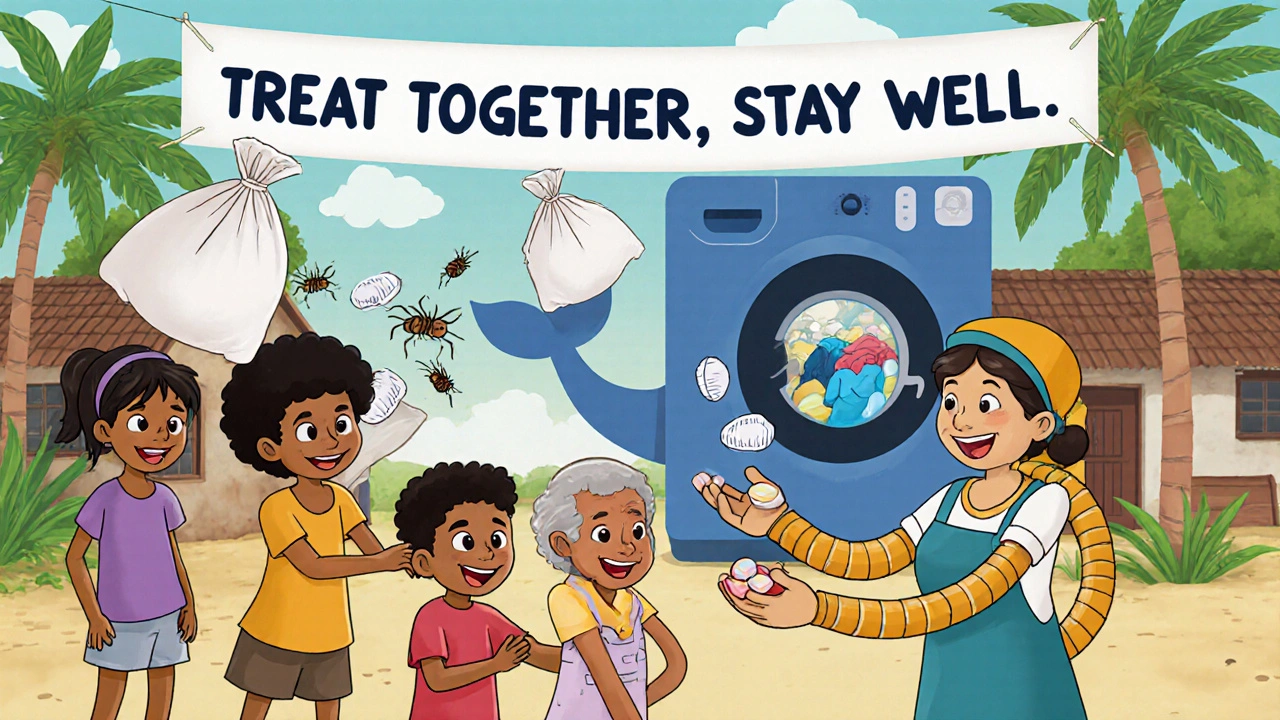 A health worker distributes pills in a village as clothes float into a whale-shaped washing machine.