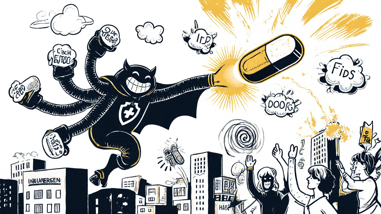 A heroic FDC pill defeats a multi-armed Pill Monster in a vibrant cartoon battle.