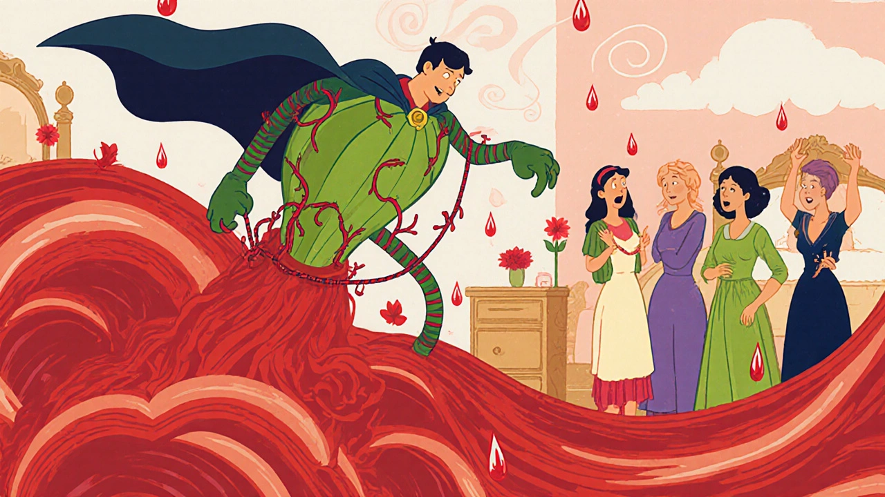 A heroic Shepherd’s Purse plant using a vine lasso to stop a red flow of menstrual blood.