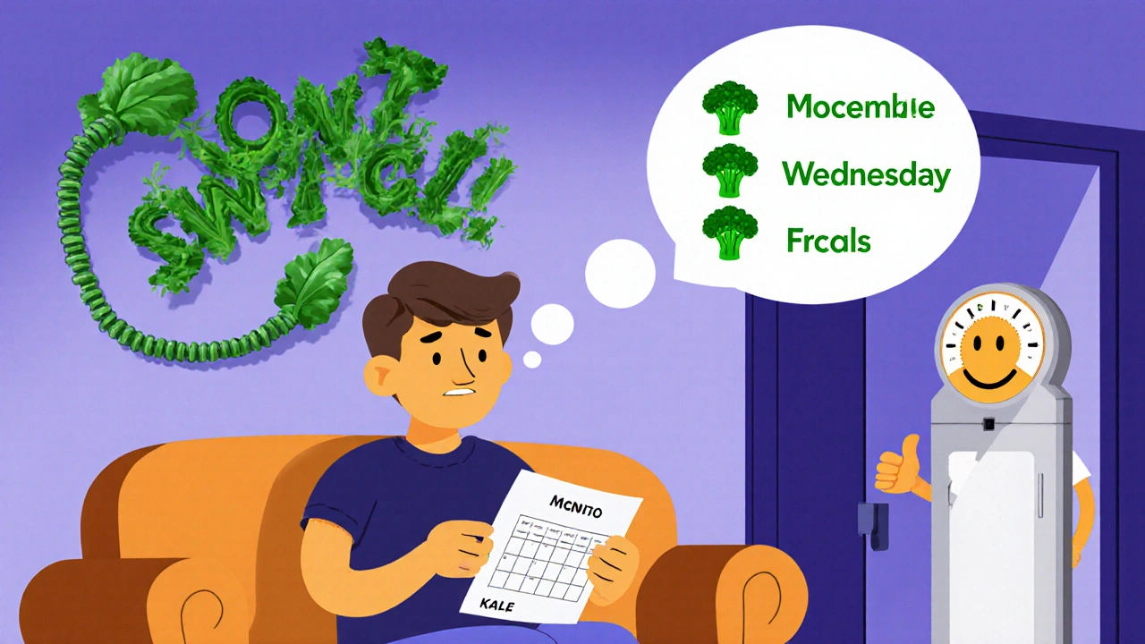 A person reading a food diary with a calendar of steady greens, while a wobbly INR meter turns smiley.