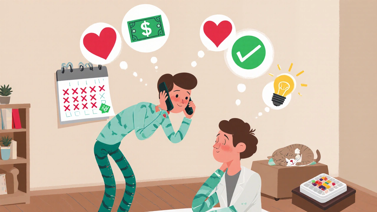 A pharmacist makes a caring phone call, with a calendar showing improved medication adherence and supportive icons floating nearby.