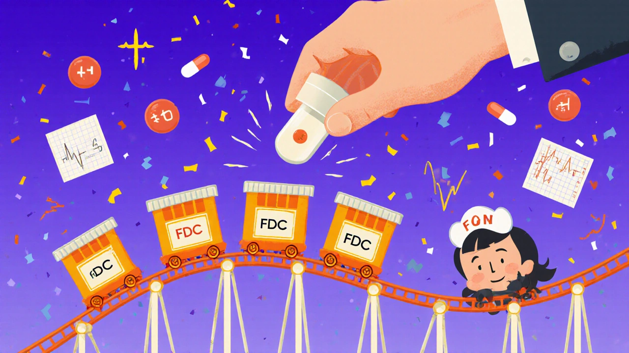 A pillbox becomes a rollercoaster with one FDC pill merging all drug carts into a smooth ride.