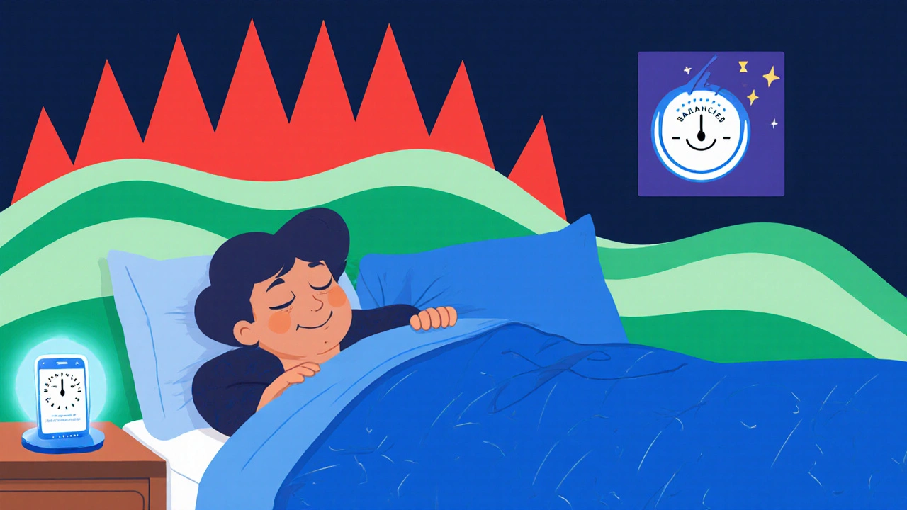 A relaxed person with calming sleep waves and a balanced thermostat, symbolizing broken pain-sleep cycle.