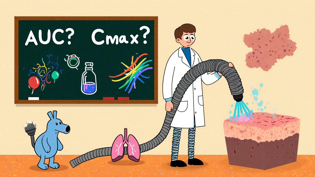 A scientist using a hose to collect invisible drug particles from skin and lung illustrations.