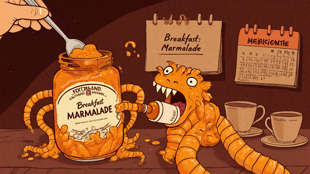 A spoon dips into marmalade that turns into a monster made of peel, pulling a pill bottle into its gooey mouth.