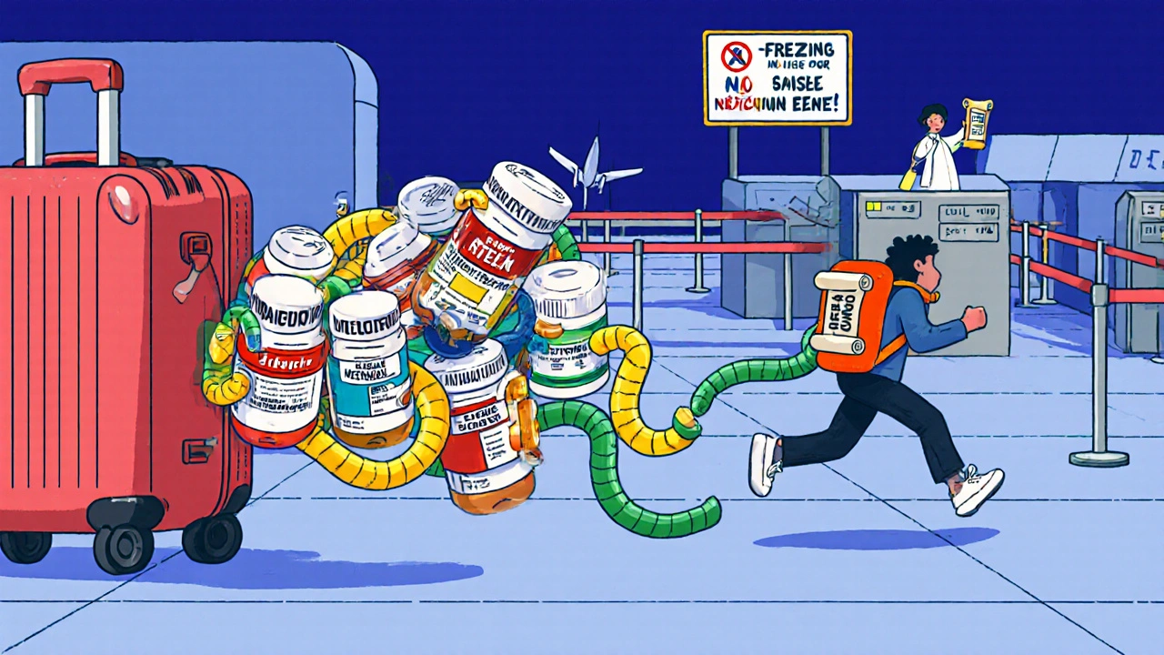 A suitcase running away while a traveler carries a pill organizer, trailing labeled medication bottles, with a doctor holding a &#039;4-week rule&#039; scroll nearby.
