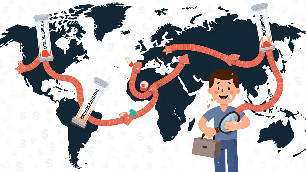 A tiny scientist struggling to build a complex inhaler as regulatory agencies argue with conflicting test tubes.