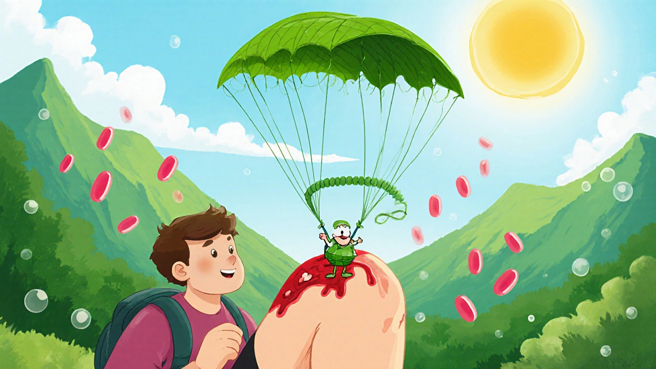 A Yarrow leaf superhero landing on a wound with a green paste that seals it instantly.