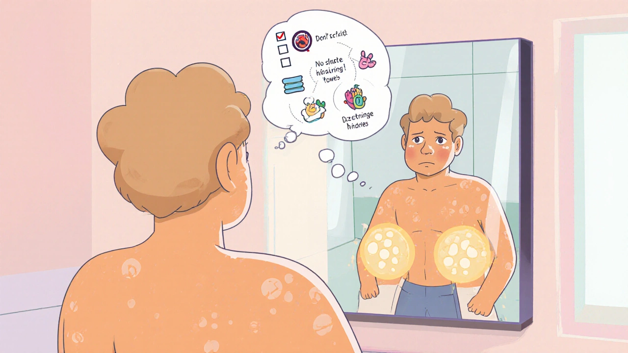 Adult looking in mirror at genital bumps with cartoon hygiene tips floating above.