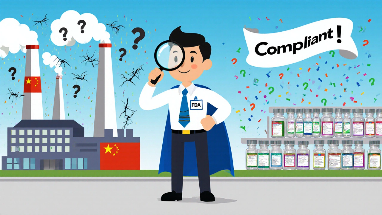 An FDA inspector comparing a chaotic Chinese drug factory with a well-organized Indian one in cartoon style.