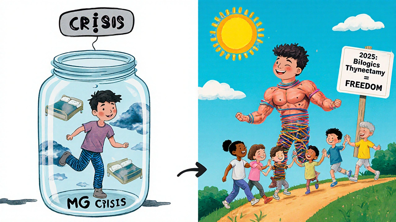 Before-and-after scene: person trapped in MG crisis jar vs. hiking freely with springy muscles and support group.