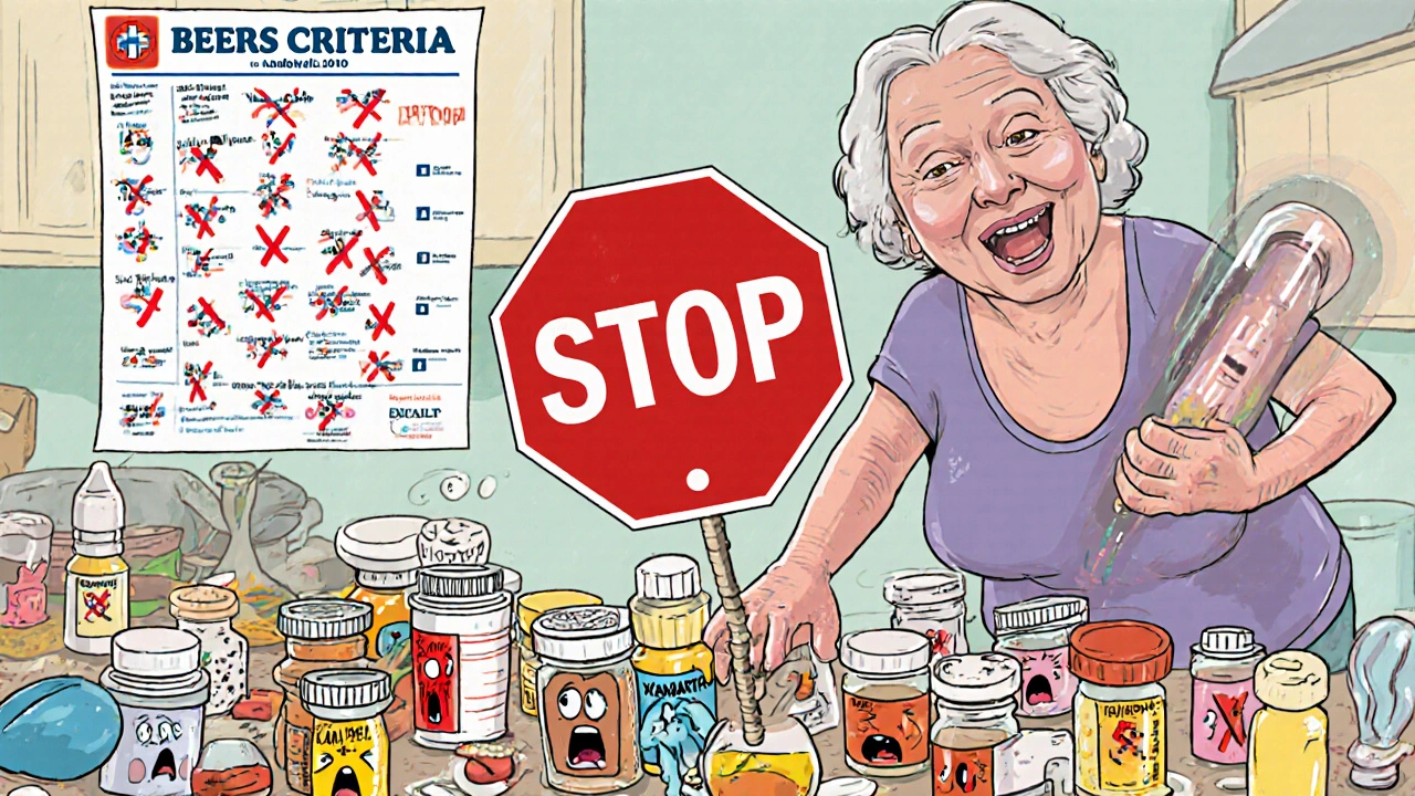 Cluttered pill bottles with faces screaming, elderly woman turning into Jell-O, red STOP sign above.