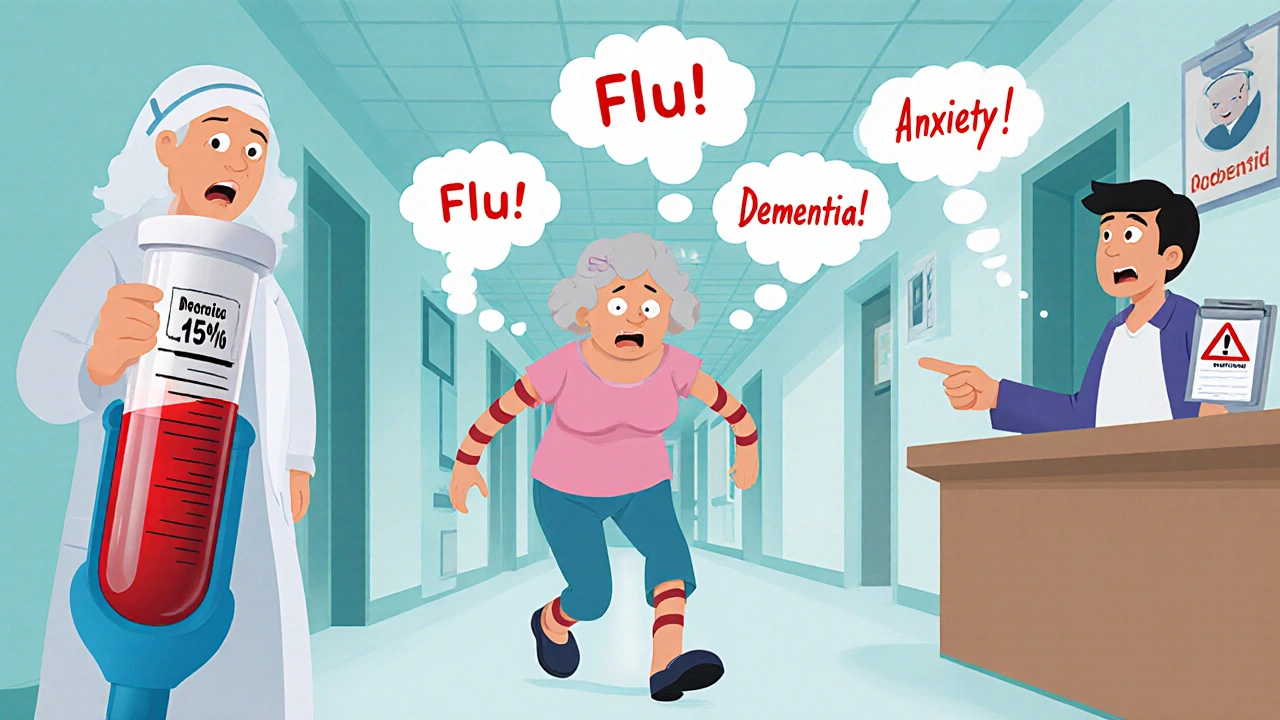 Confused woman stumbling in hospital with misdiagnosis bubbles, nurse holding red sodium test tube.