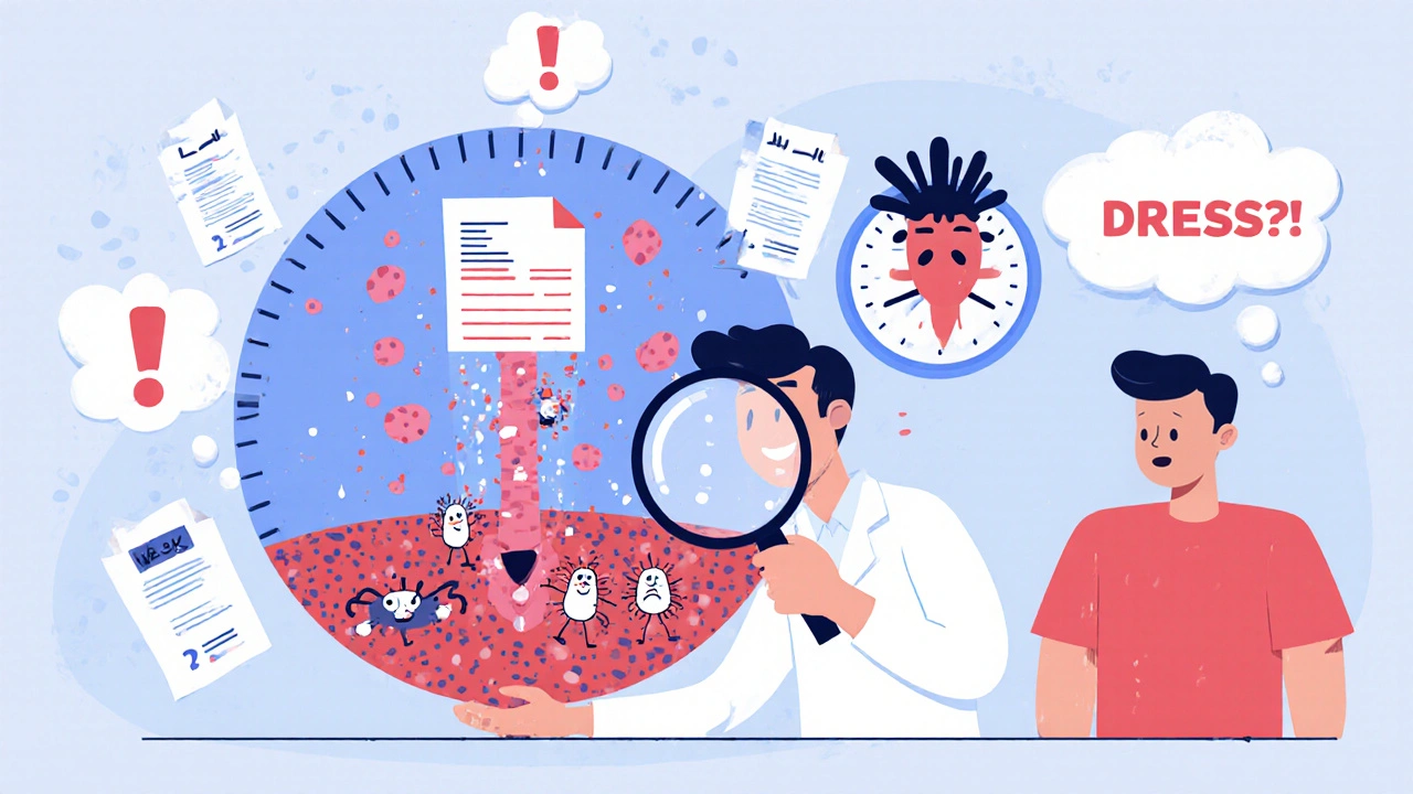 Doctor examining blood cells that turn into dancing figures, with a sleepy virus emerging from a patient’s spine.