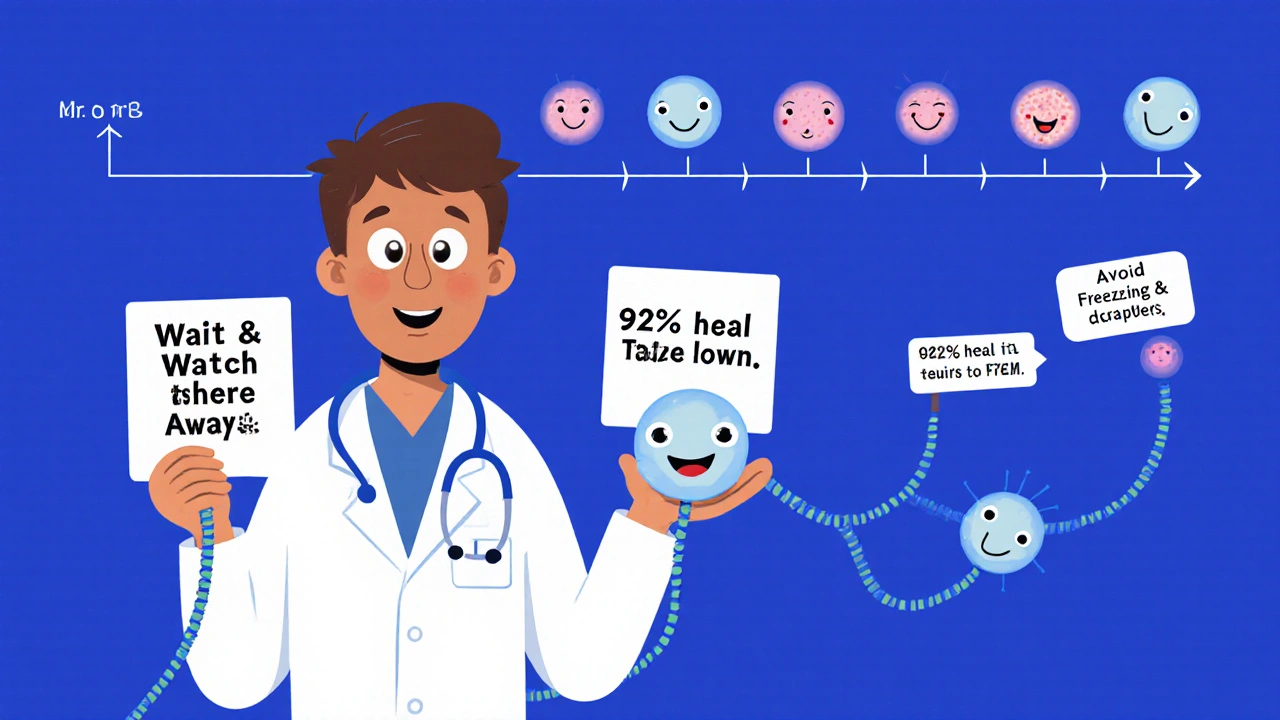 Doctor holding a cute virus character with signs showing wait-and-watch treatment.