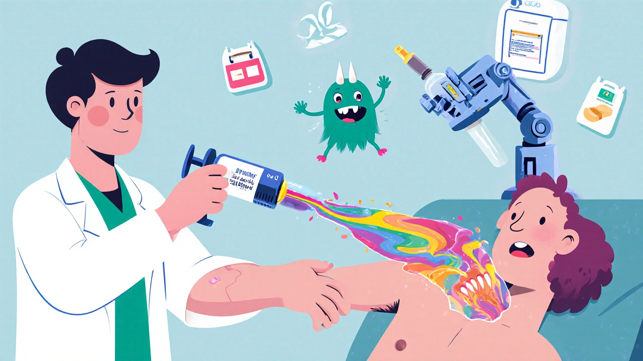 Doctor injecting rainbow-colored FcRn inhibitor while IgG antibodies run away, robotic arm removing a smiling thymus.