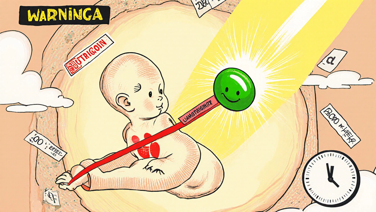 Fetal figure in womb with harmful and safe medication lines shown as cartoonish beams.